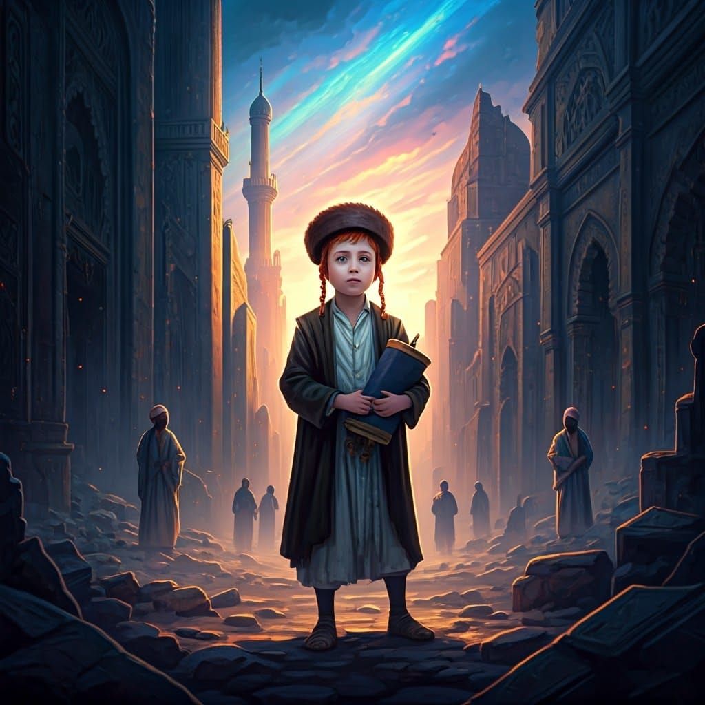 Boy with Torah in Ruined Cityscape: Fantasy Concept Art