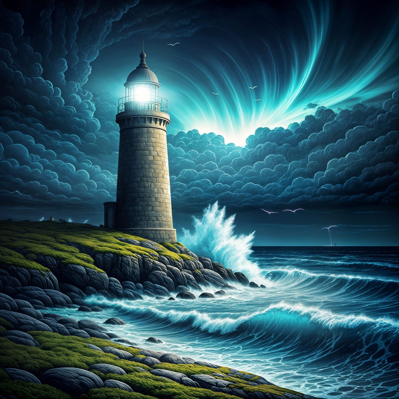 Ein Leuchtturm  an einer Felsküste, die tosenden Wellen schlagen hoch. Möwen fliegen am Himmel. Surrealismus ...  by @Miss Wunderlich