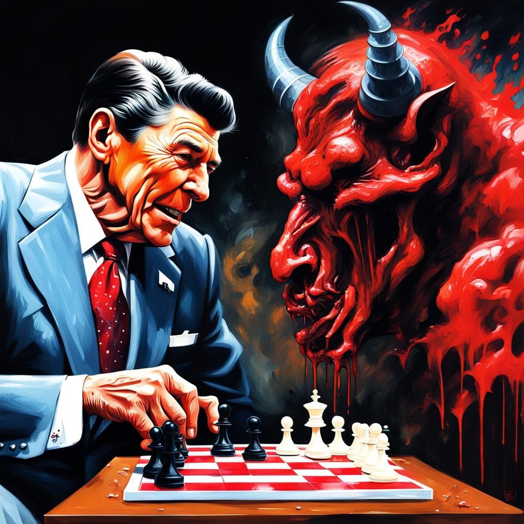 Ronald Reagan playing chess with the devil in hell AI Generated