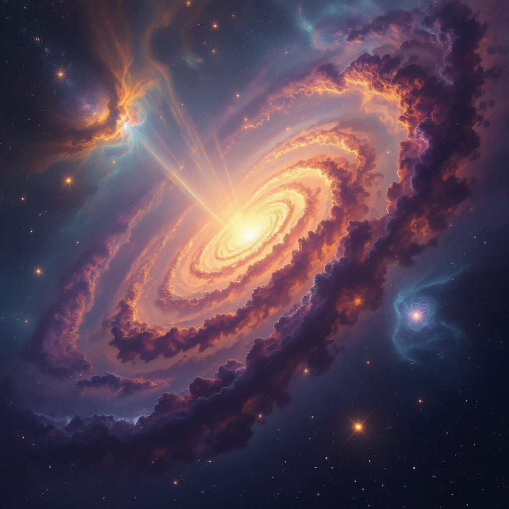 a giant alien spiral galaxy rife with colours set on a background of planetary nebulae and giant gas patterns with thousands of brightly coloured stars surrounding 