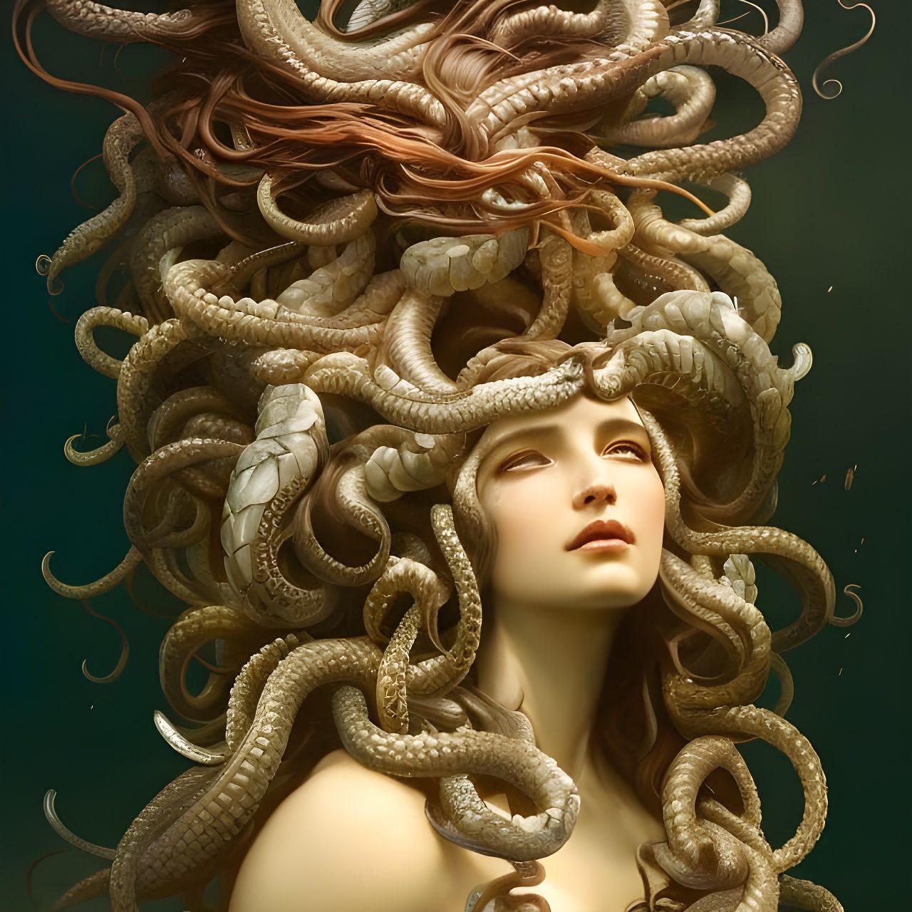 furious eyes wide open beauty Medusa, Hair made in open mouths Snakes ...