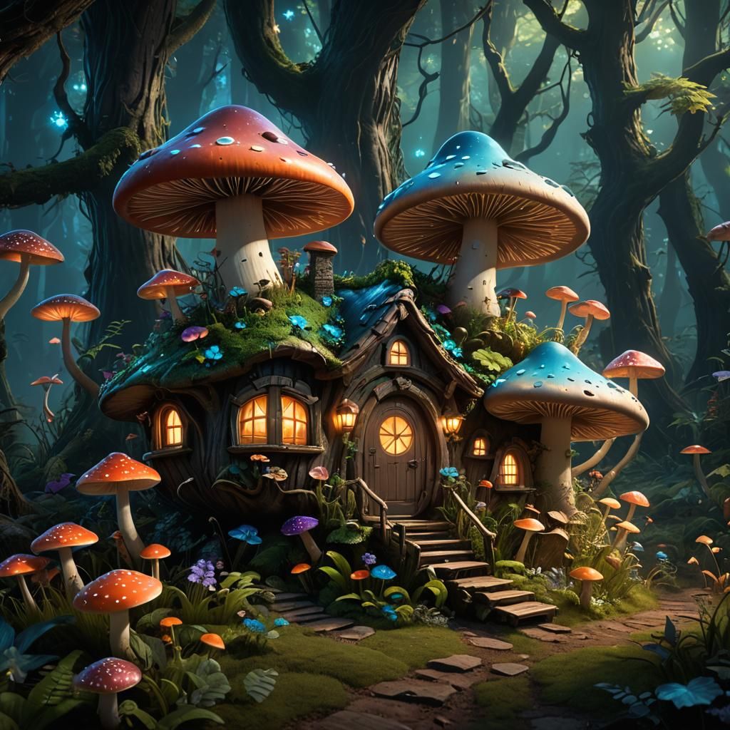 A fairy mushroom house in an enchanted bioluminescent forest...
