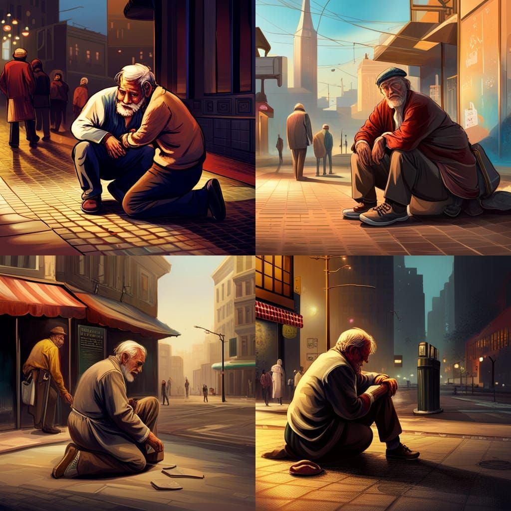 A open angle of a young man leaning over an old man who is s...
