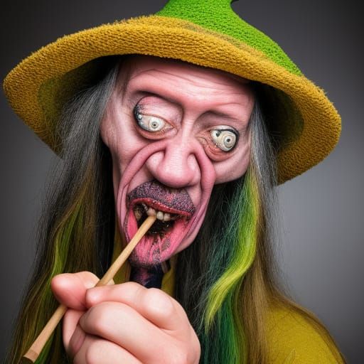 Silly  Ugly looking Witch holding a Broom Stick in a Ed Roth...