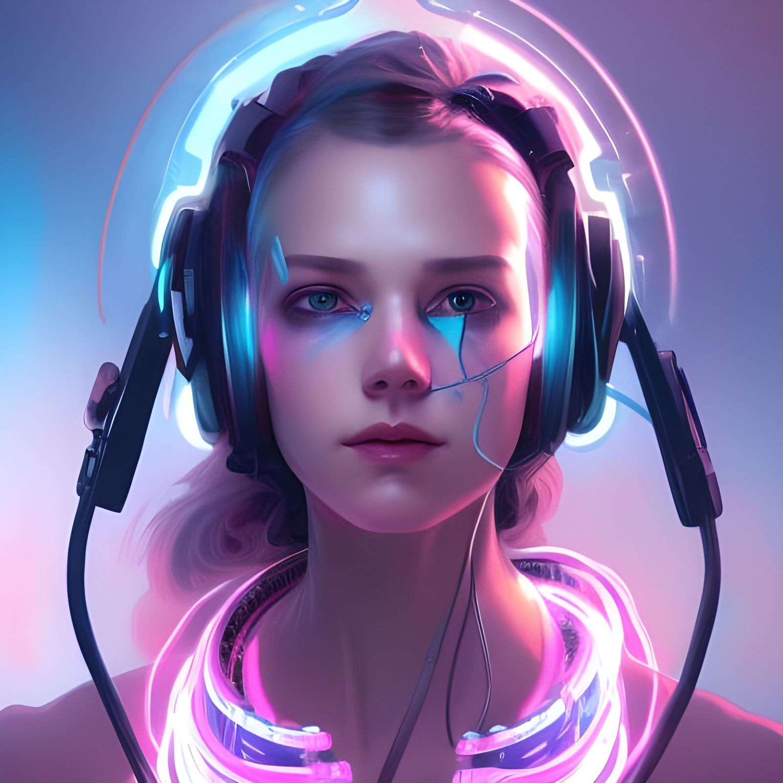 robot girl blue pink dark punk grungy eyes cables headset megacity - AI ...