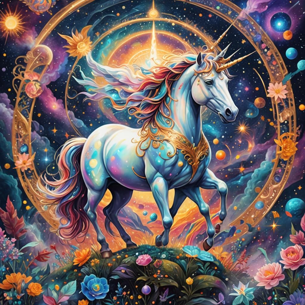 Holographic Cosmic Unicorn: Astral Mixed Media Illustration