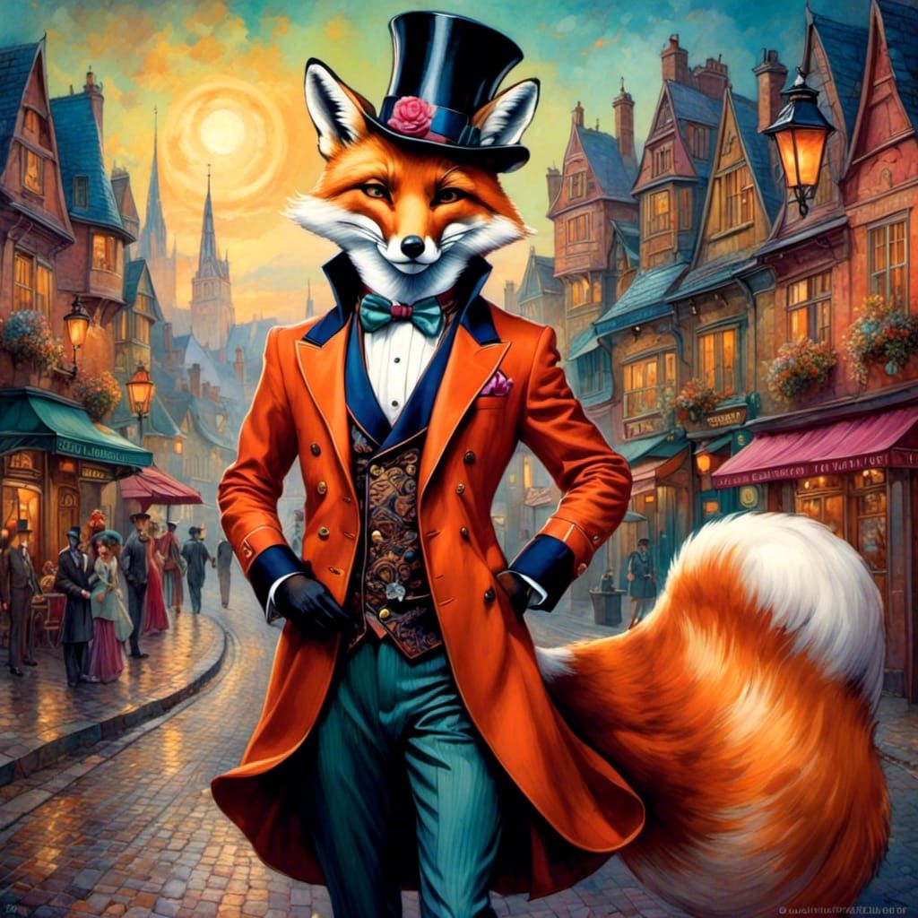 FANCY ANTHROPOMORPHIC Fox, Village, TOPHAT, beautiful, color gradient, oil pastels,  <lora:VintageVisions:1.0> Sulamith ...