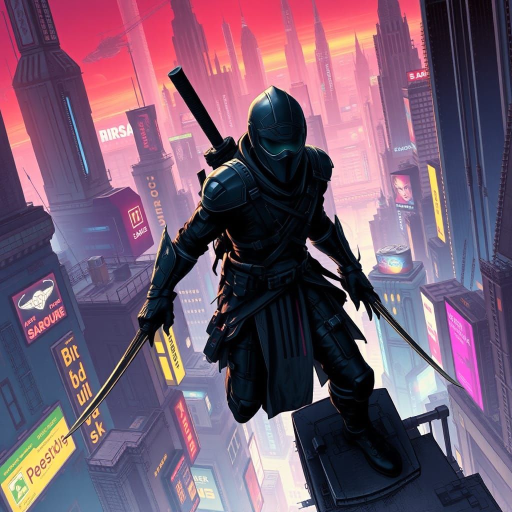 a dynamic and futuristic scene featuring a stealthy Cyber Ni...