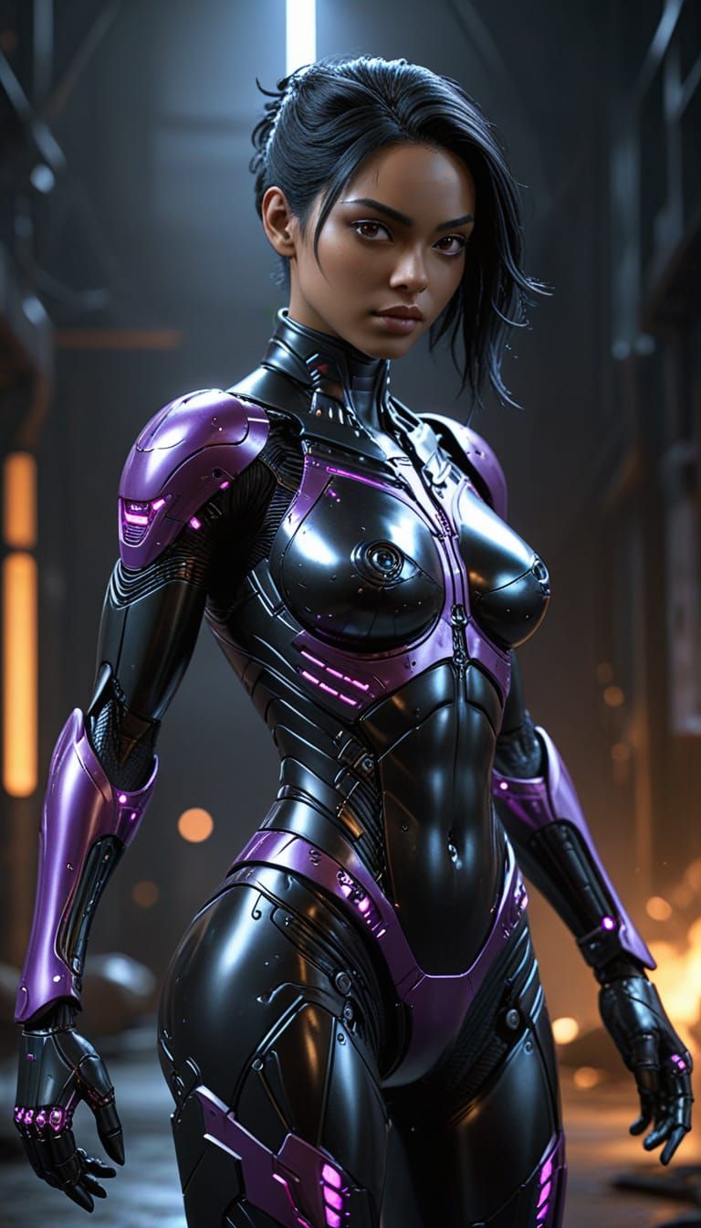Cyberpunk Nubian Cyborg in Vivid Purple Suit