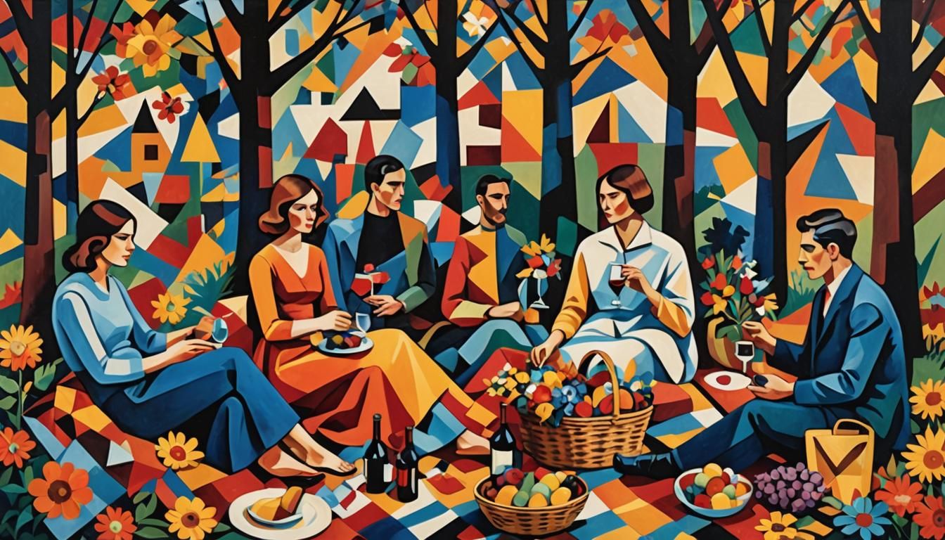 people having a picnic in a park, cubism 