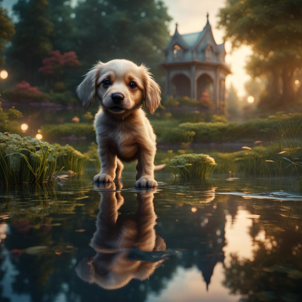 Reflection of puppy in pond in park lake reflection