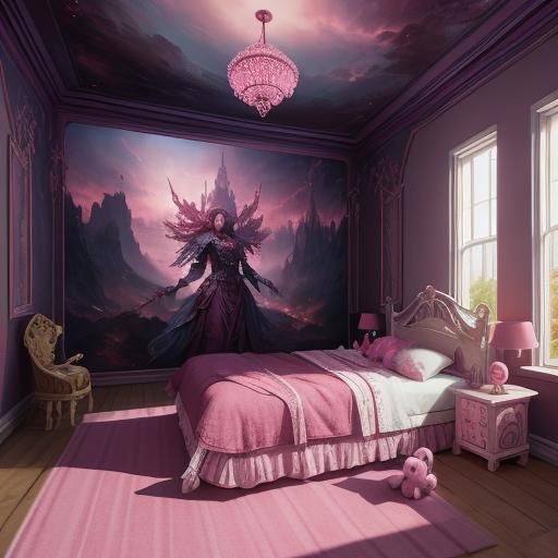 girl playing with teddy bear in her pink bedroom
