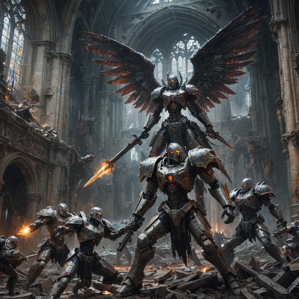 Cyborg Angels Fight in Ruined Church, Pointillism Style