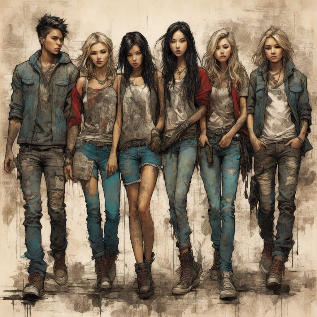 <lora:Grunge-Poster:1.0>Group of teens going into a concert