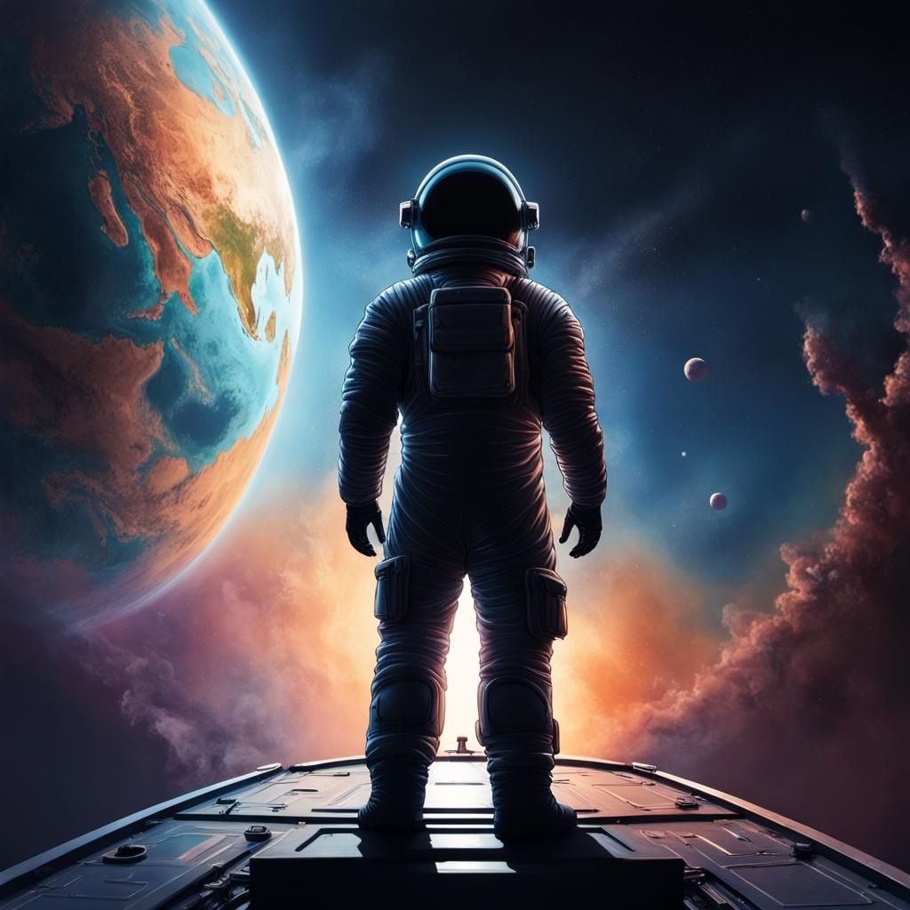 Silhouette of a spaceman from behind, in compleye shadow,  s...