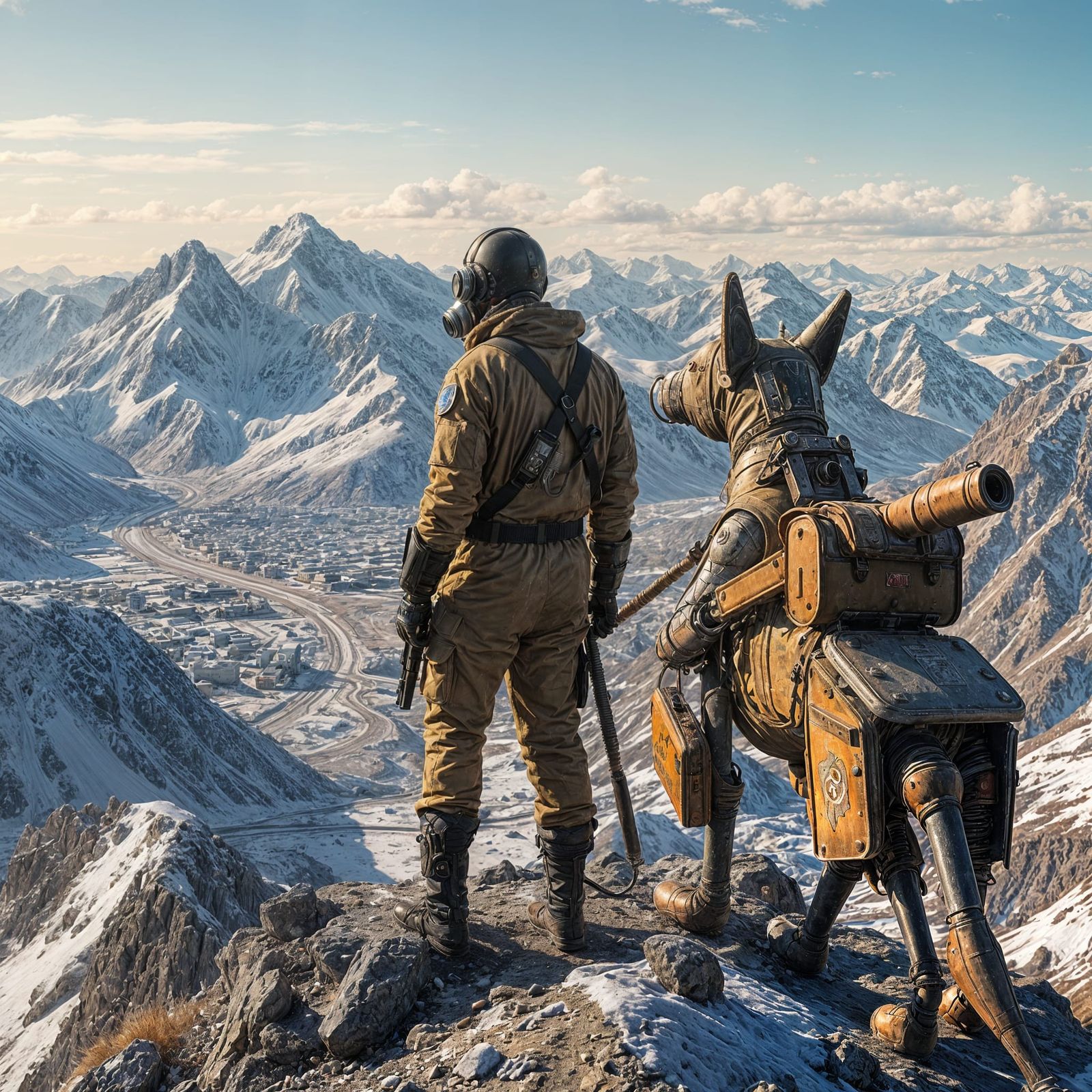 A man in a homemade chemical protection suit and gas mask stands on a mountain and looks at the snow-covered ...  by @Likra