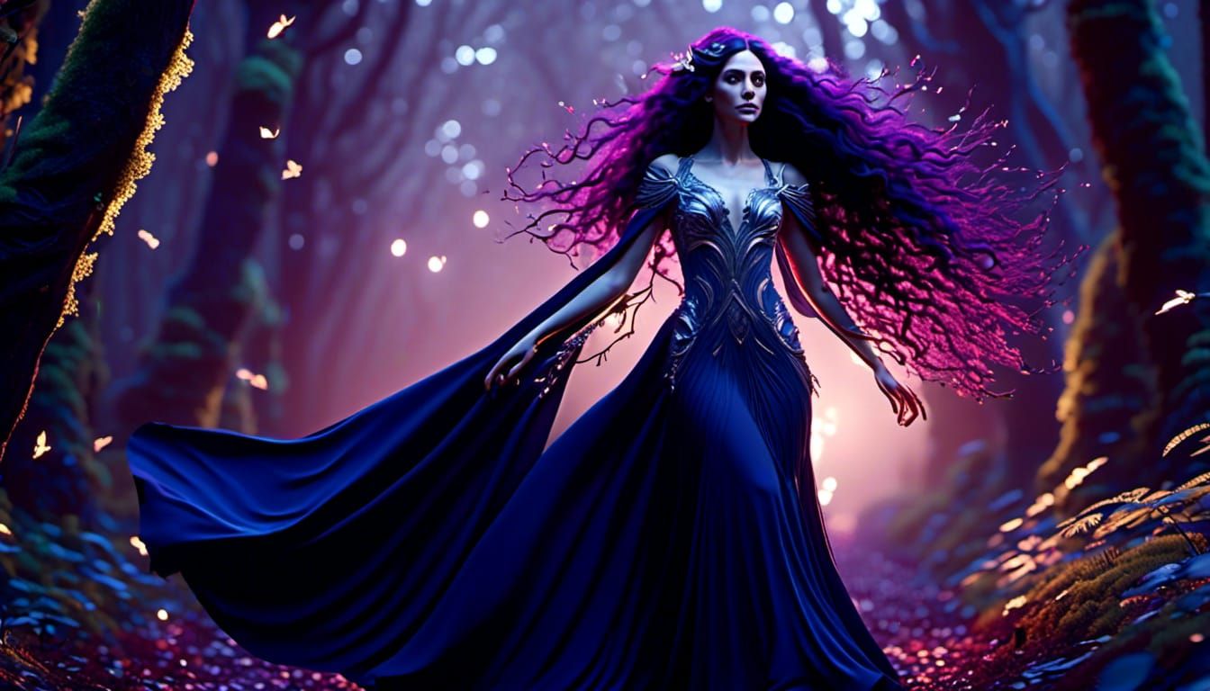 <lora:Mystical Fantasy:1.0>  A curvaceous night elf woman with long curly dark magenta hair, pale skin, glowing white eyes, wearing a flowin...