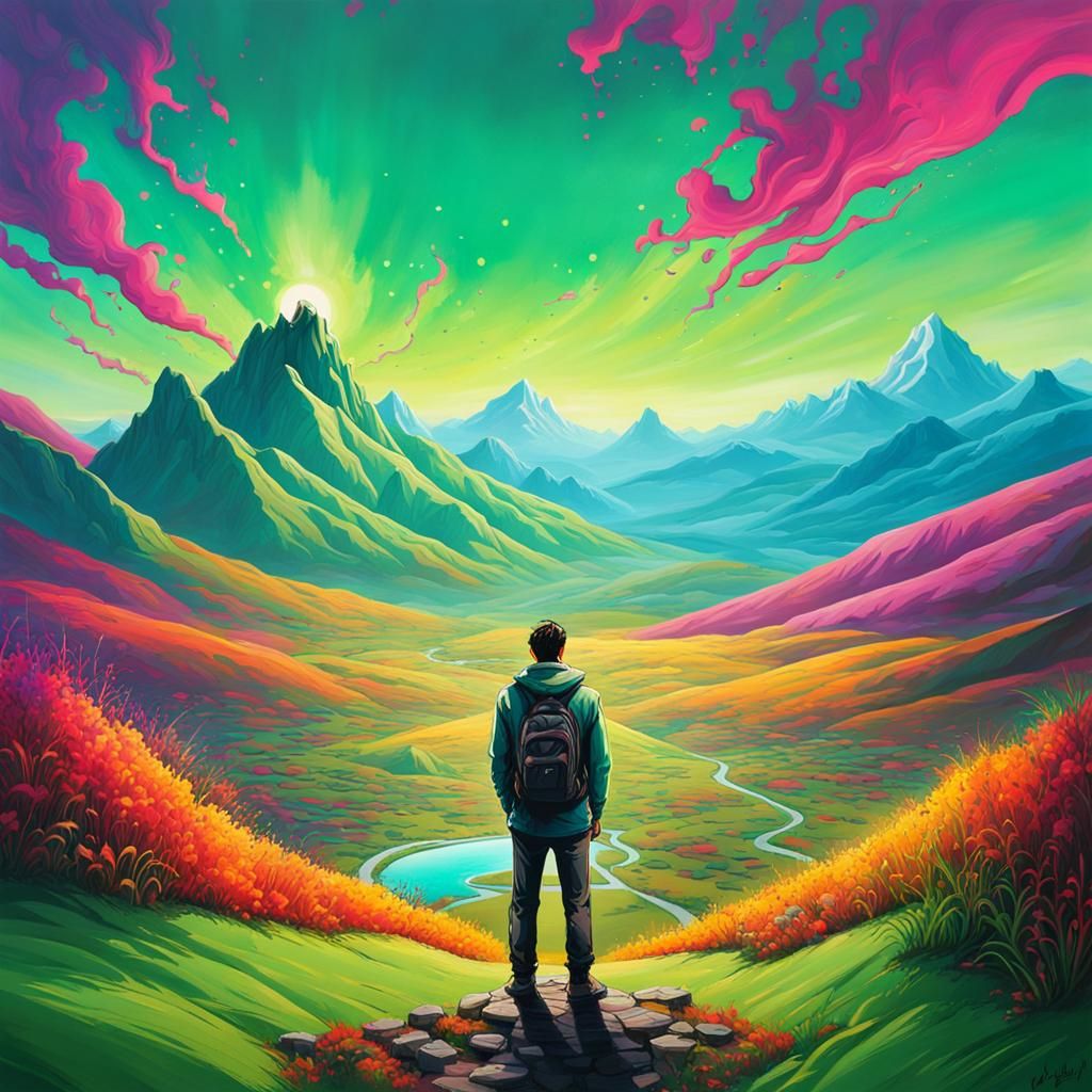 man standing in vast light greenish land scape with mountain...