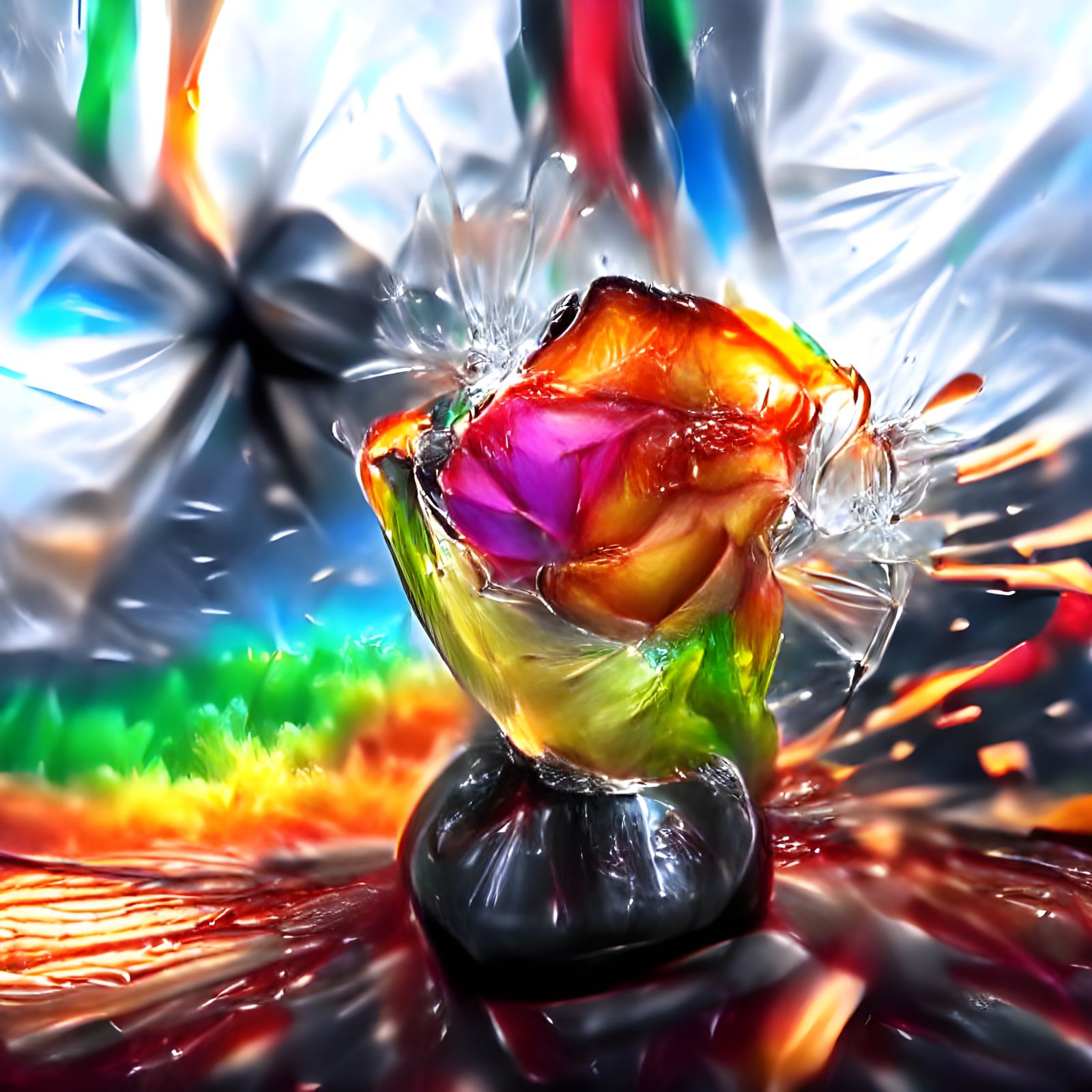 Exploding glass rose filled with rainbow liquid 8k resolutio...