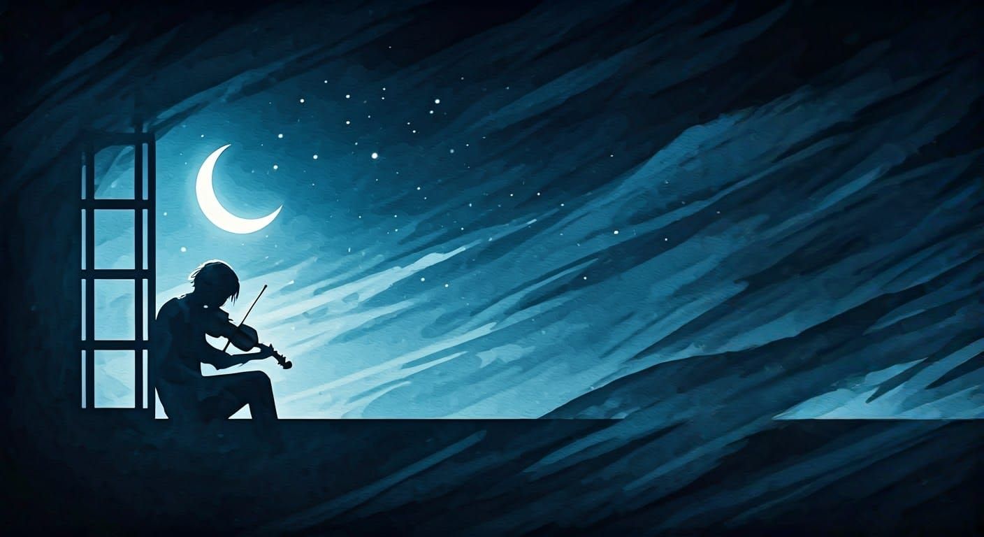 Water color painting of a melancholic scene of a sleepless night with a crescent moon  by @Alan