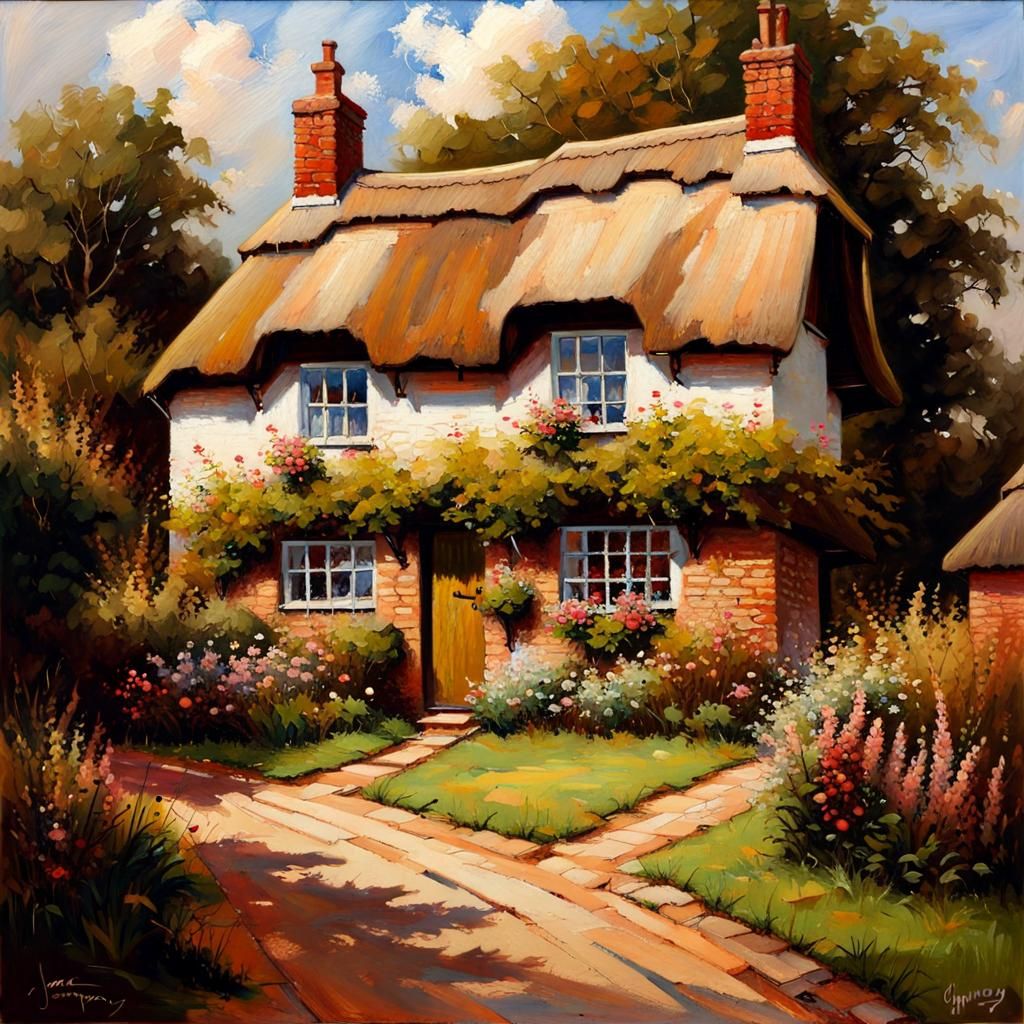 traditional English thatched cottage. oil painting by James ...