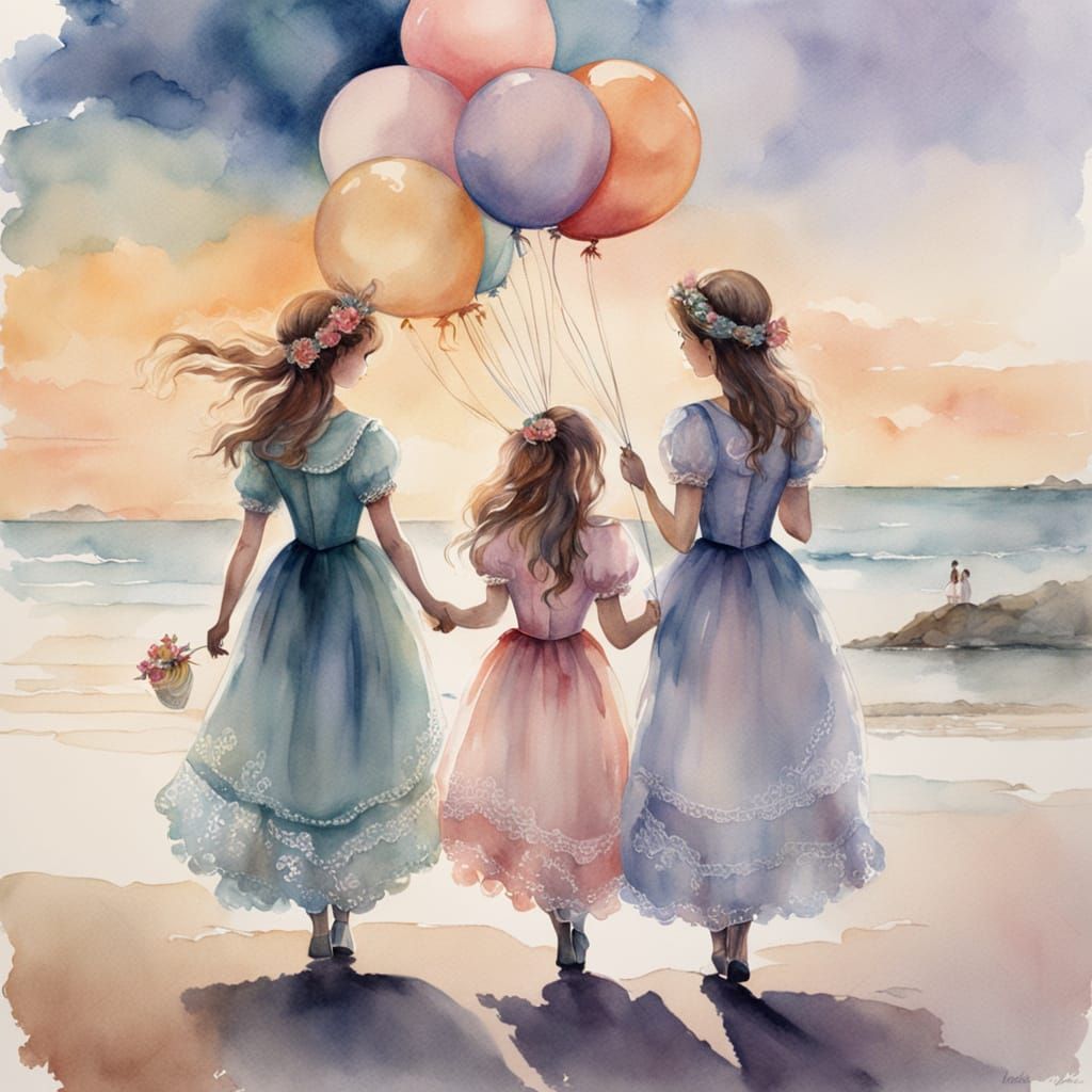 Victorian girls in pretty dresses on a beach holding balloons. Watercolor, pastel shades,   by @Al_in_Tanzania
