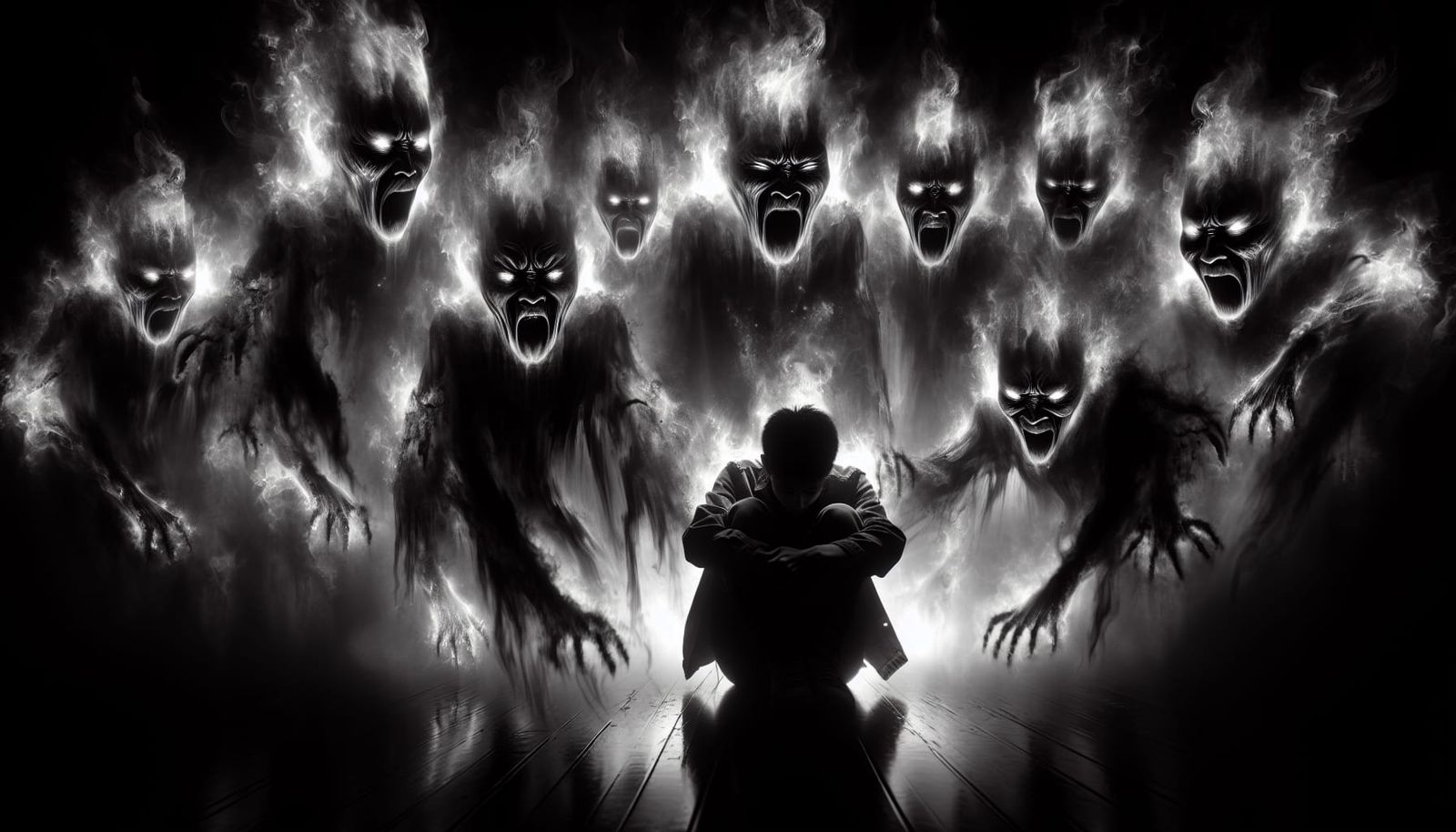 A black and white  photo of glowing, dark, sharped from smok...