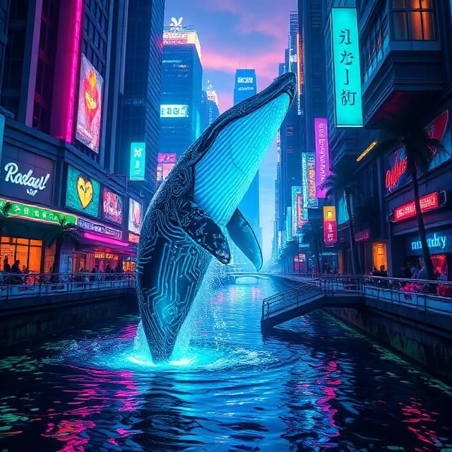 A majestic whale breaches from a neon-drenched, futuristic c...