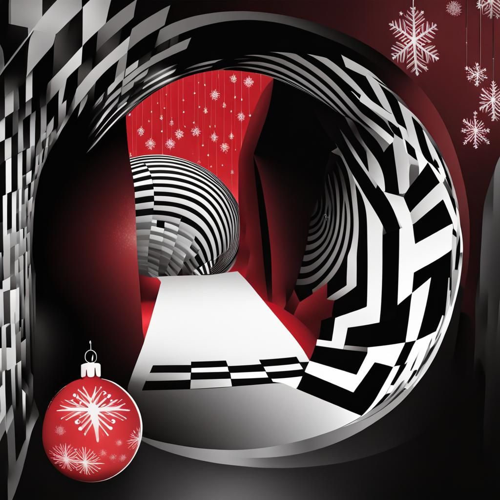 A  Black and White Optical illusion tunnel in a red Christma...