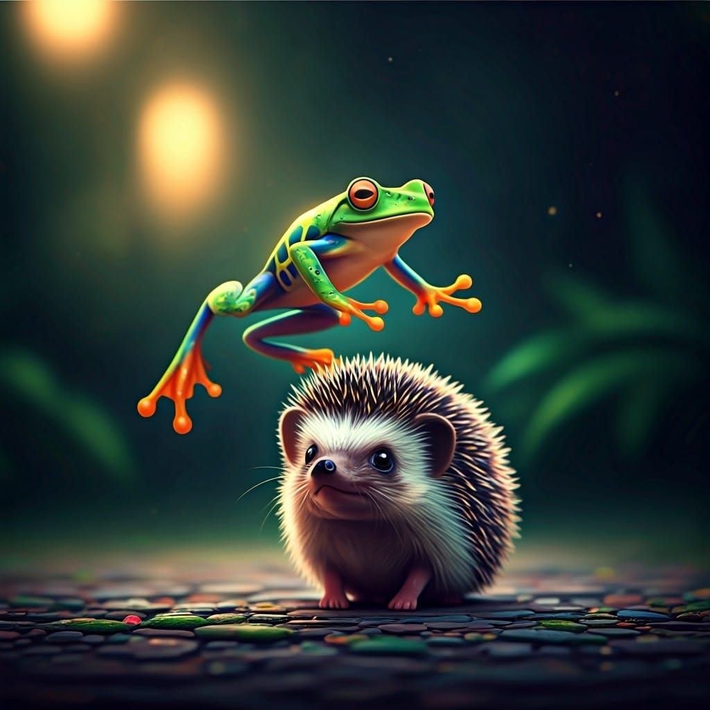 A colorful frog leaps above a hedgehog. The hedgehog gazes up with curious eyes. Bright colors highlight the surreal, playful scene.