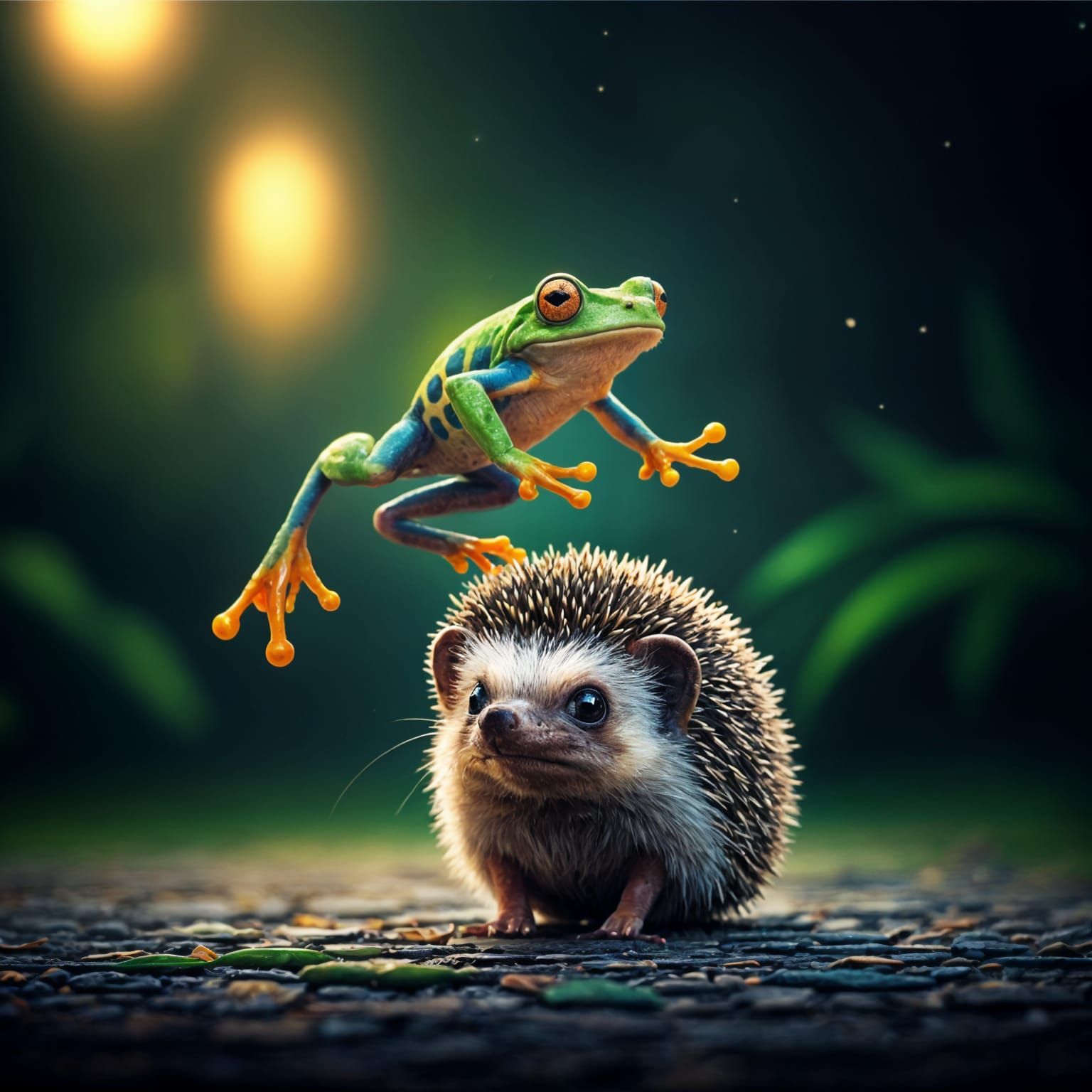 A colorful frog leaps above a hedgehog. The hedgehog gazes up with curious eyes. Bright colors highlight ...  by @KomBib