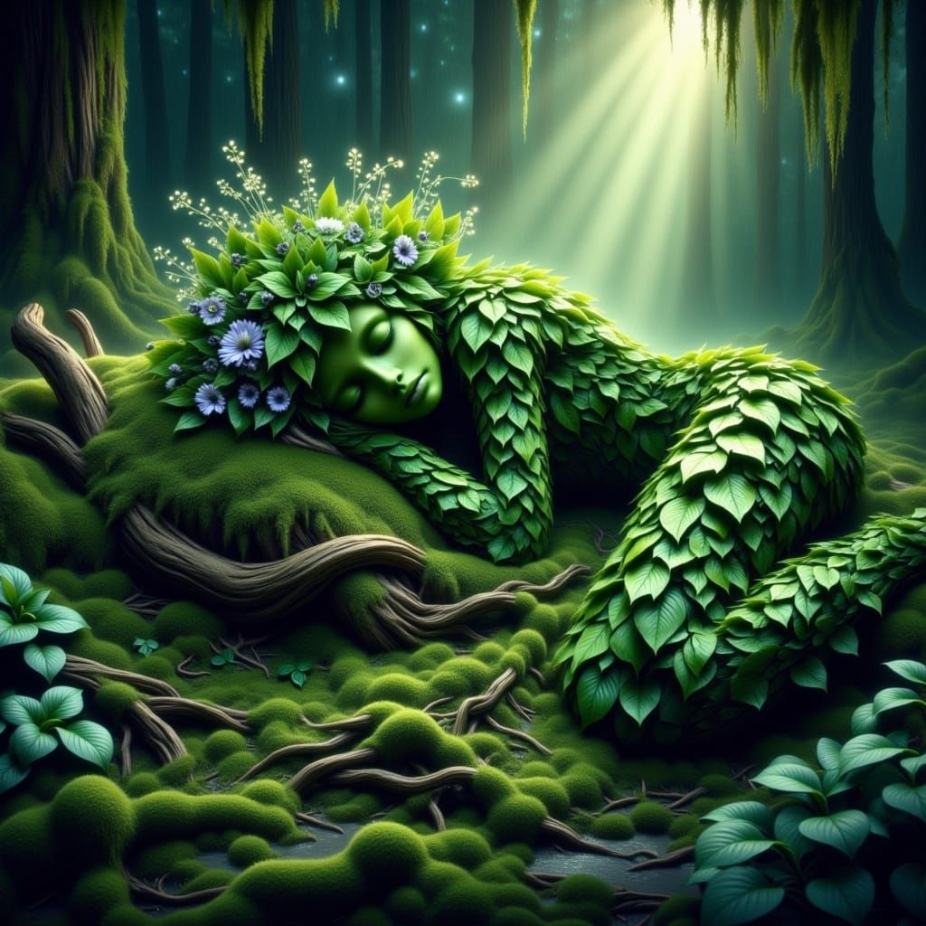 An absolutely mesmerizing full body depiction of an enchanting green leafy (((fantasy creature entirely made of foliage))) clad in foliage, ...