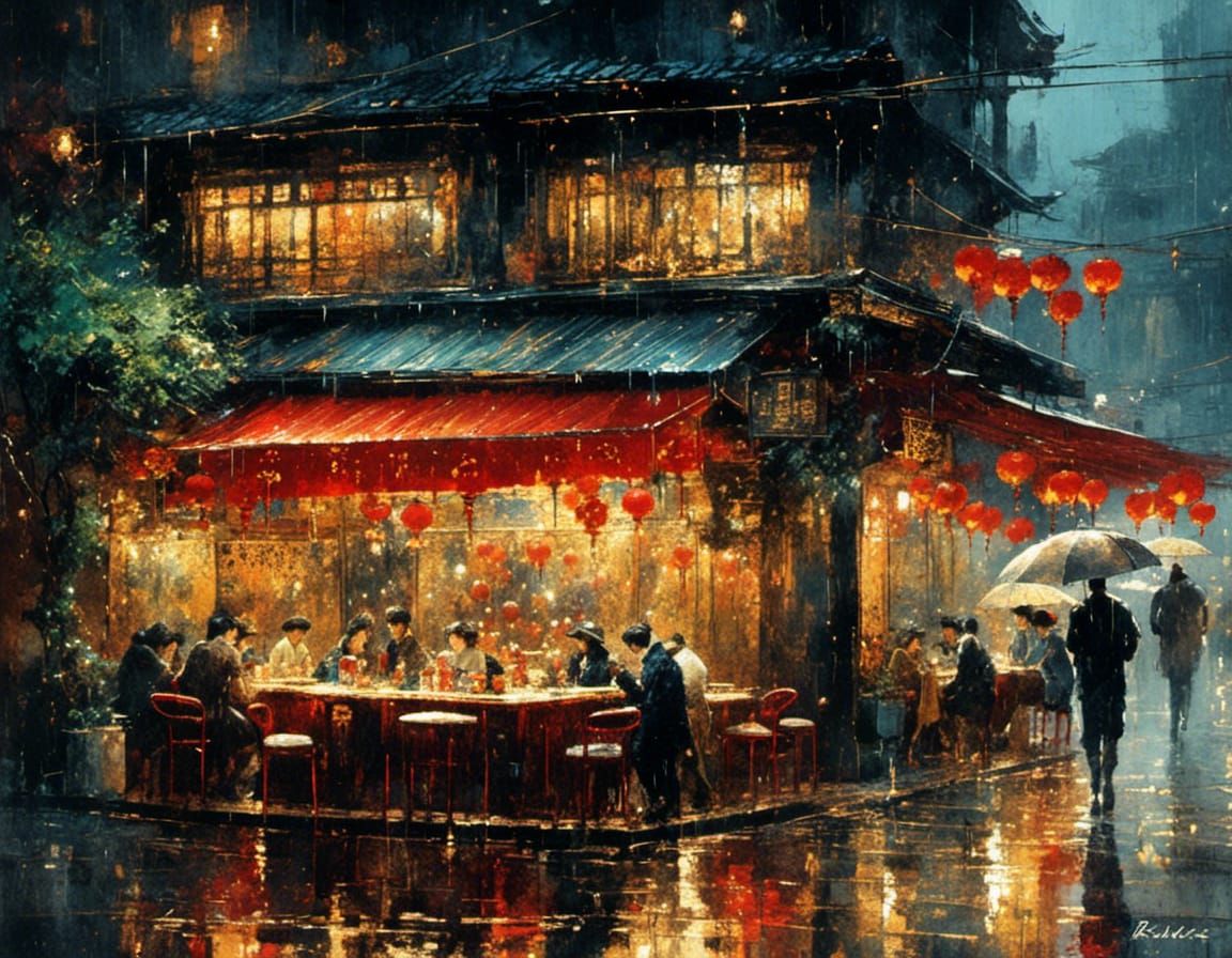 <lora:MisanthropyMix:1.0>"热闹的咖啡店，雨天，晚上，细密，暖调" post impressionist watercolor | textured canvas 8k gorgeous rich watercolor | colorful exterio...