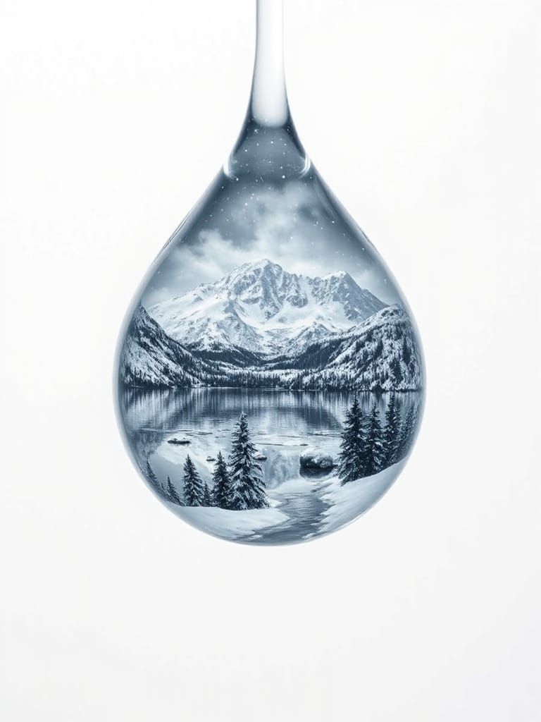 Water Droplet Reflecting Snowy Mountain: Macro Photography