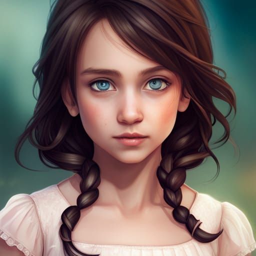 A six year old daughter with dark brown hair and light blue ...