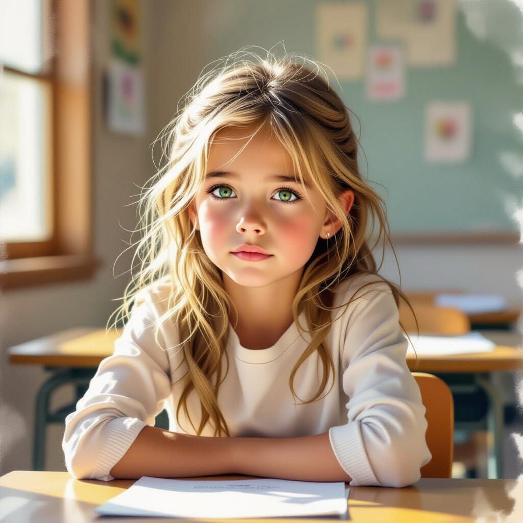 Girl Lost in Thought in Watercolor Classroom