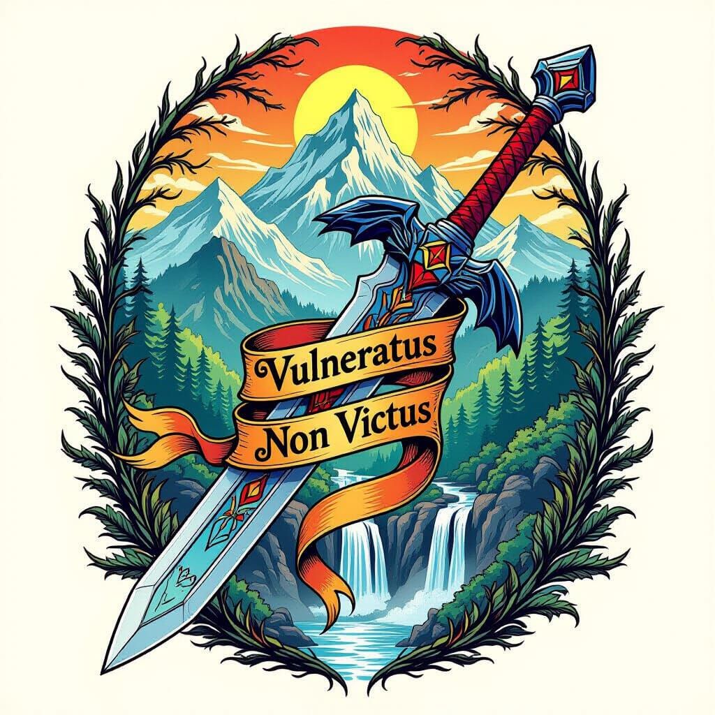 Tattoo of The Master Sword from Legend of Zelda with a forest, mountain and waterfall backdrop and a ribbon around the sword saying "Vulnera...