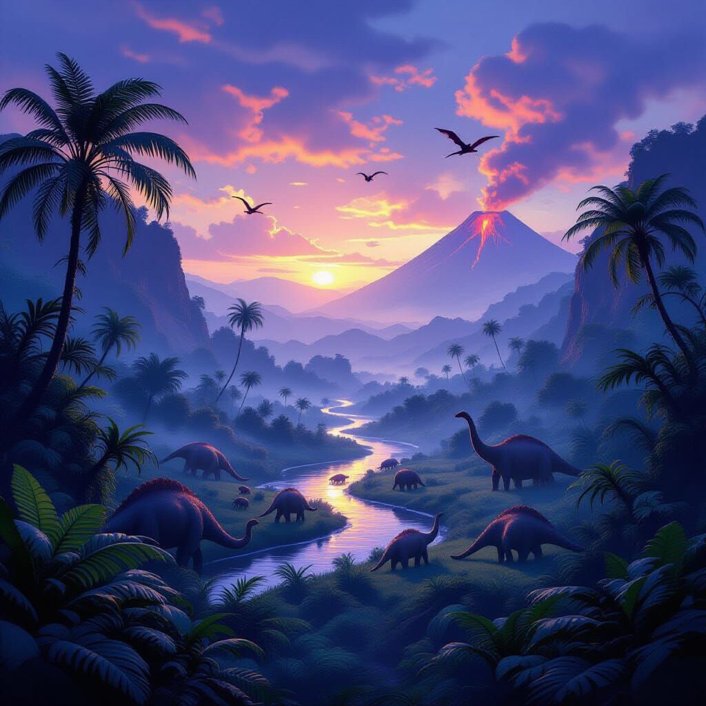 A misty Jurassic valley at dawn, where towering cycads and giant ferns blanket the volcanic terrain. ...  by @Jelly Frozen
