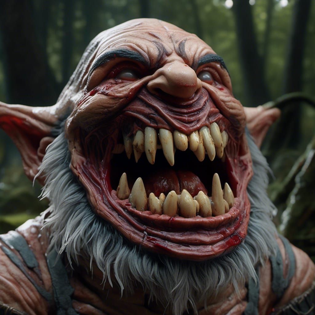 <lora:Atrocity:1.0> a horror gnome, wide open mouth, huge jaws, split chin, horrible teeth, photorealistic