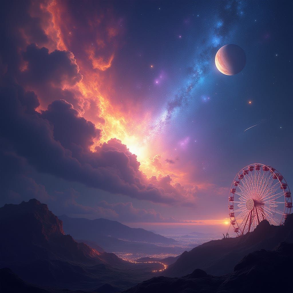 Cosmic Nebula with Planets and Ferris Wheel in Digital Matte...