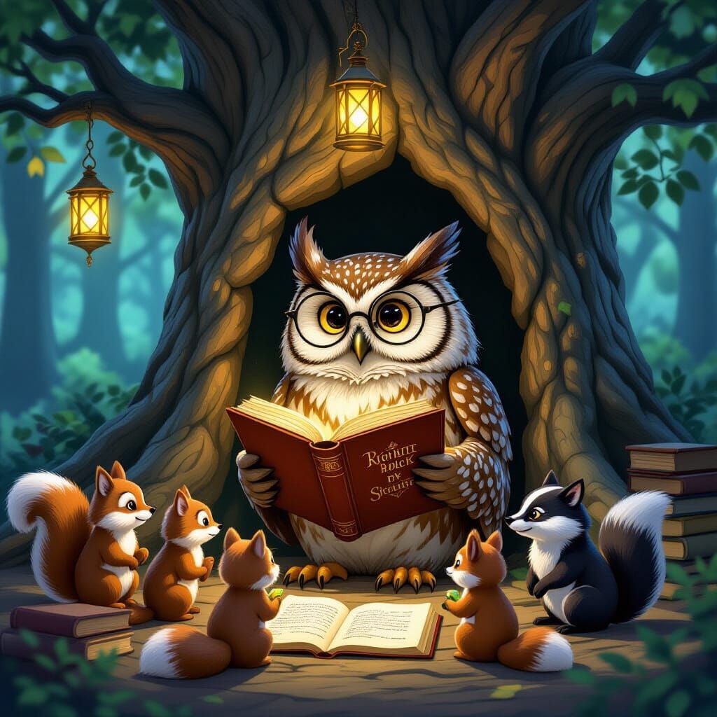 Wise Owl Leads Woodland Creature Book Club in Fantasy Art