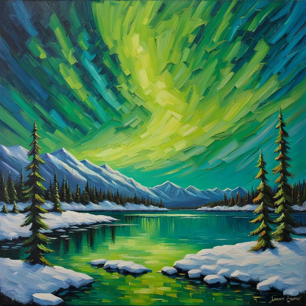 Impasto painting of the northern lights above lake  by @Luna