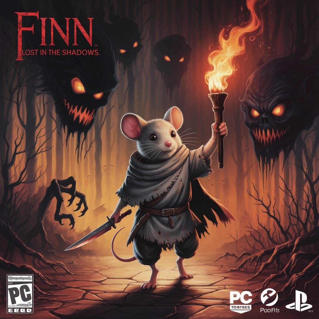 Video game cover art for PC and PlayStation 5. Dark survival horror style. Finn, the mouse wanderer in his gray tattered cloak, holds a torc...