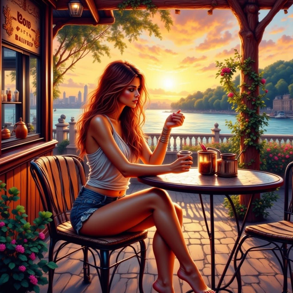 <lora:Snap Crackle Pop:1.0> <lora:Beautiful women:1.0> Stunning women just waking up to a beautiful sunrise having her coffee  at an outside...