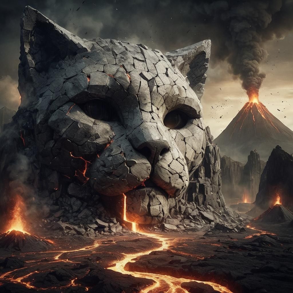 Create a scene where a colossal, fragmented stone cat face e...