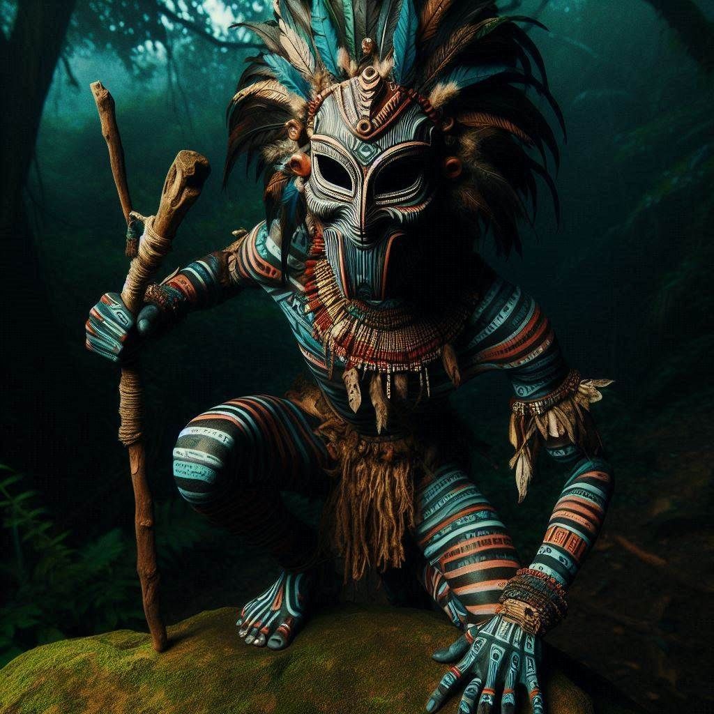 Masked Shaman with tribal body painting