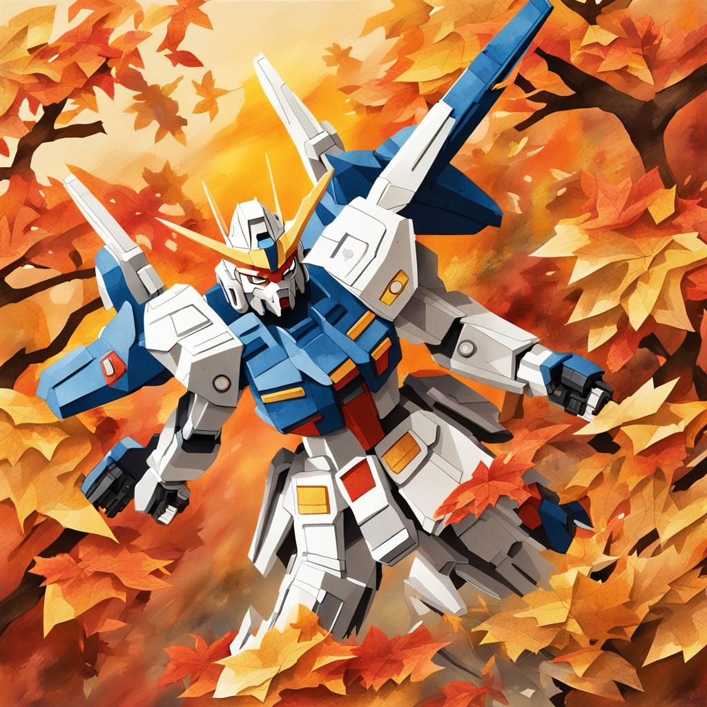 papercraft style, fall inspired, gundam action pose, fall le...