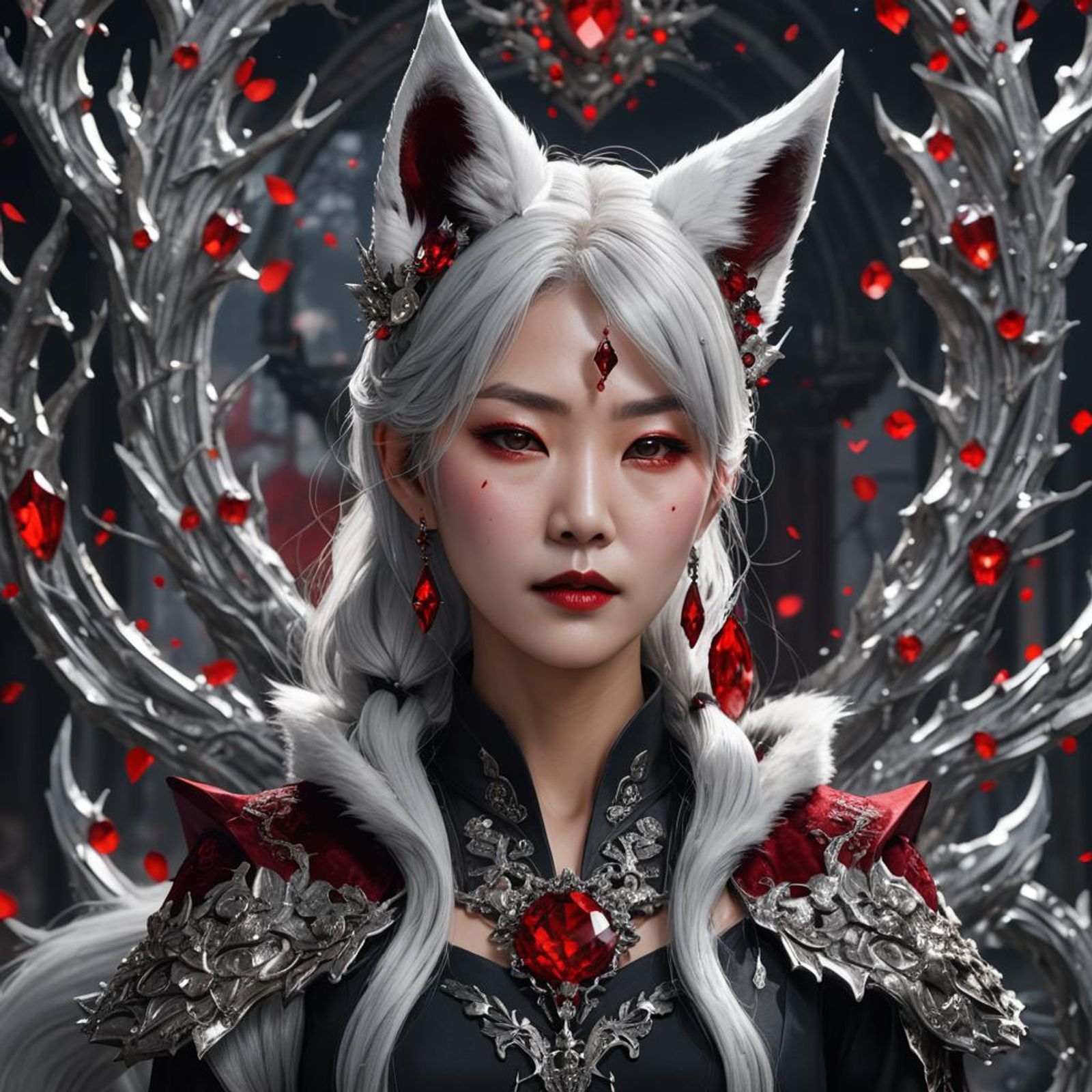 korean lady deep red crystals. silver hair black dress white fox ears