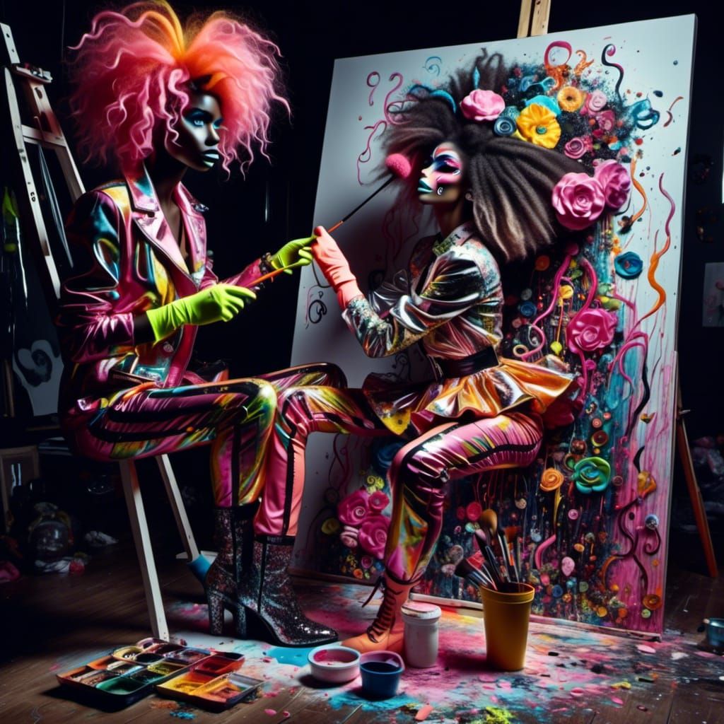 <lora:Upsy-Daisy Crazy:1.0> A painter on a canvas, stepping out to paint a figure on the neighboring canvas, bringing them to life