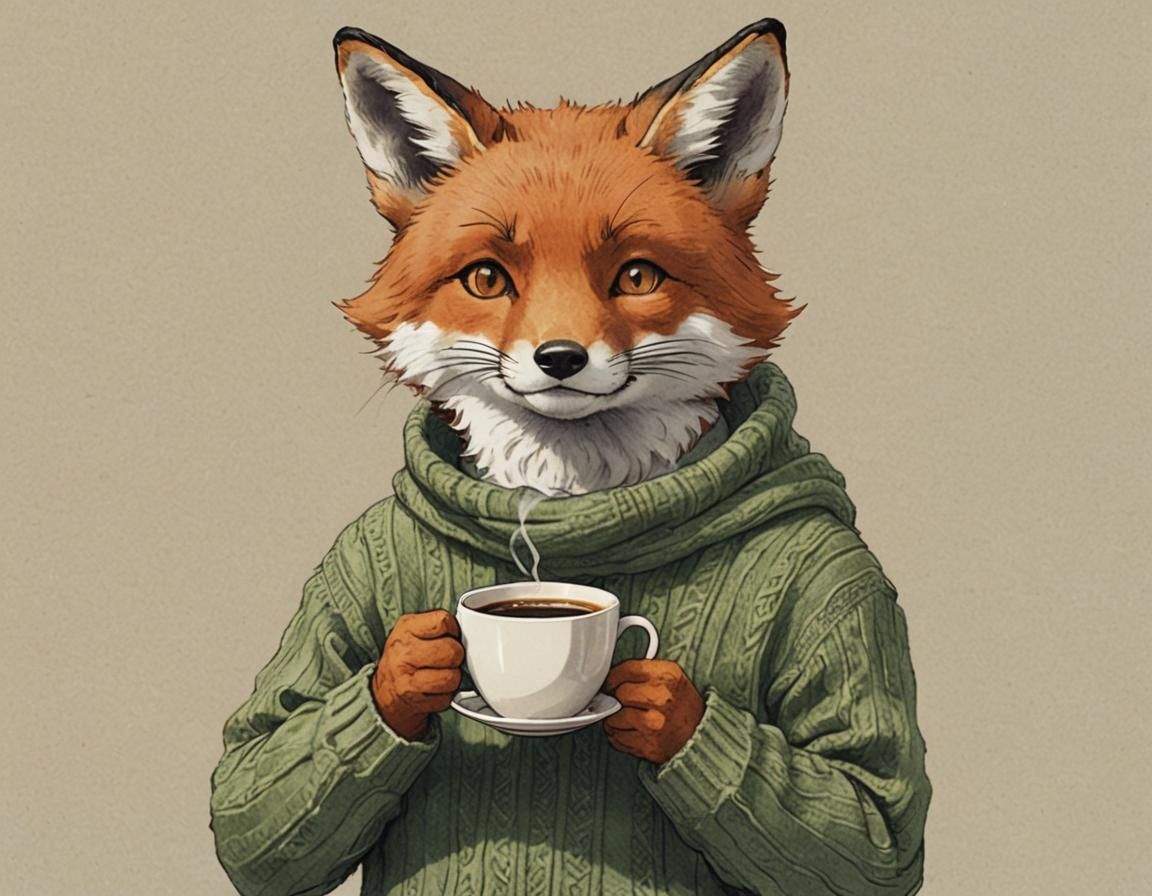 Humanoid fox in a sweater having coffee, ghibli style